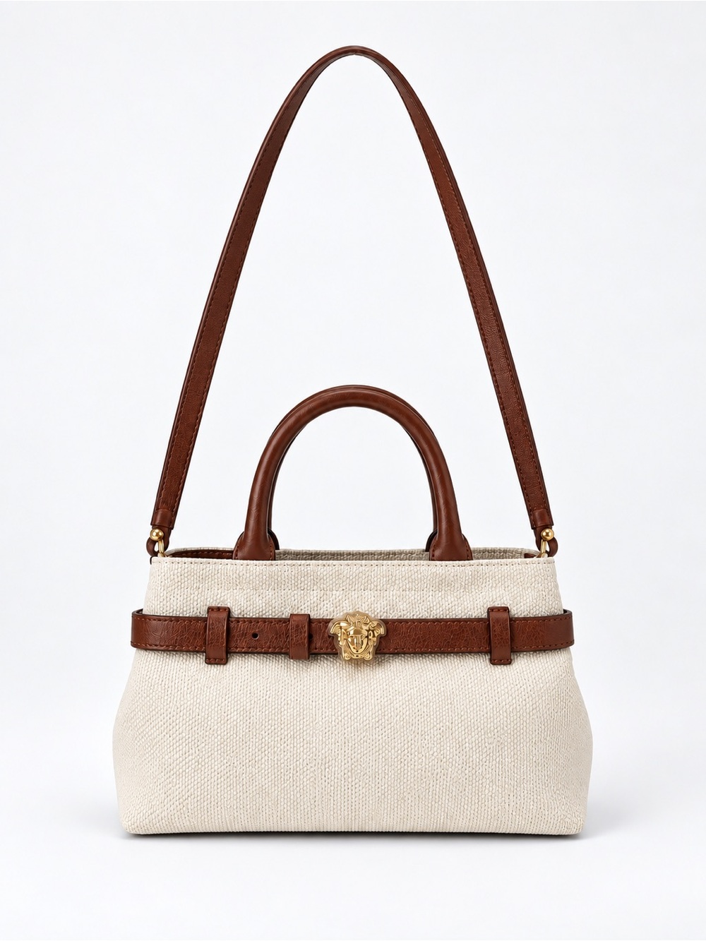 Versace Cream Tote with Brown Leather Strap and Gold Medusa Detail